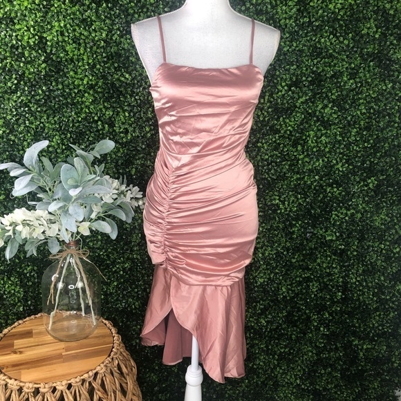 Lulus NWOT Perfect Occasion Dusty Rose Satin Ruched Tulip Midi Dress - Picture 12 of 16